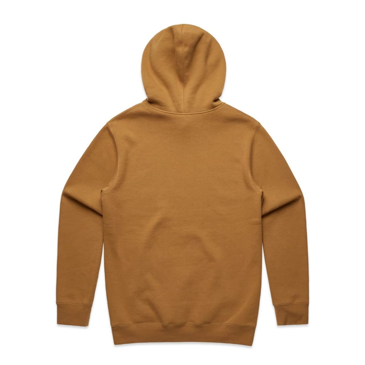 A brown jumper with a hood, featuring long sleeves and a plain back. It has a logo on it.