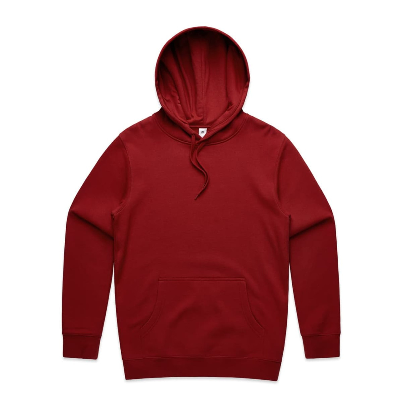 A red hoodie featuring a front pocket and a drawstring hood. It has a logo on the design.