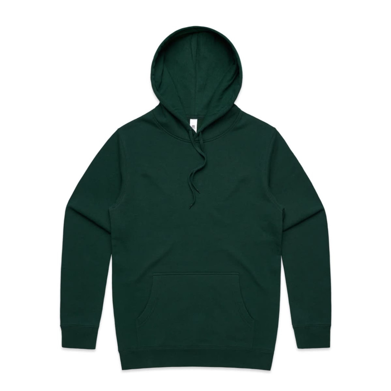 A green hoodie featuring a kangaroo pocket and a hood, with a logo on the front.