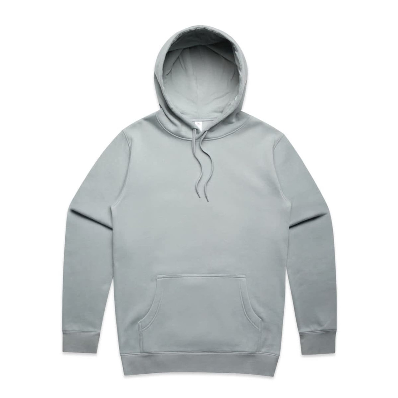 A light green hoodie with a front pocket and a drawstring hood, featuring a logo on the chest.