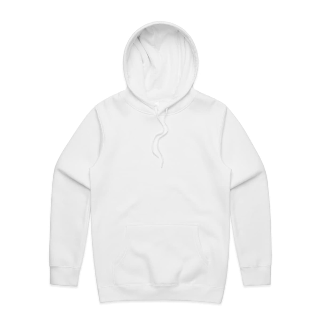 A white hoodie with a front pouch pocket and a drawstring hood. It features a logo on the front.