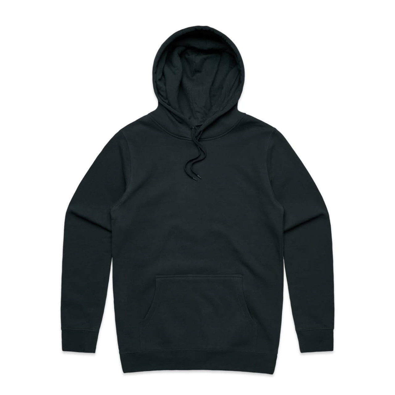 A black hoodie with a front pocket and a drawstring hood. It features a logo on the design.