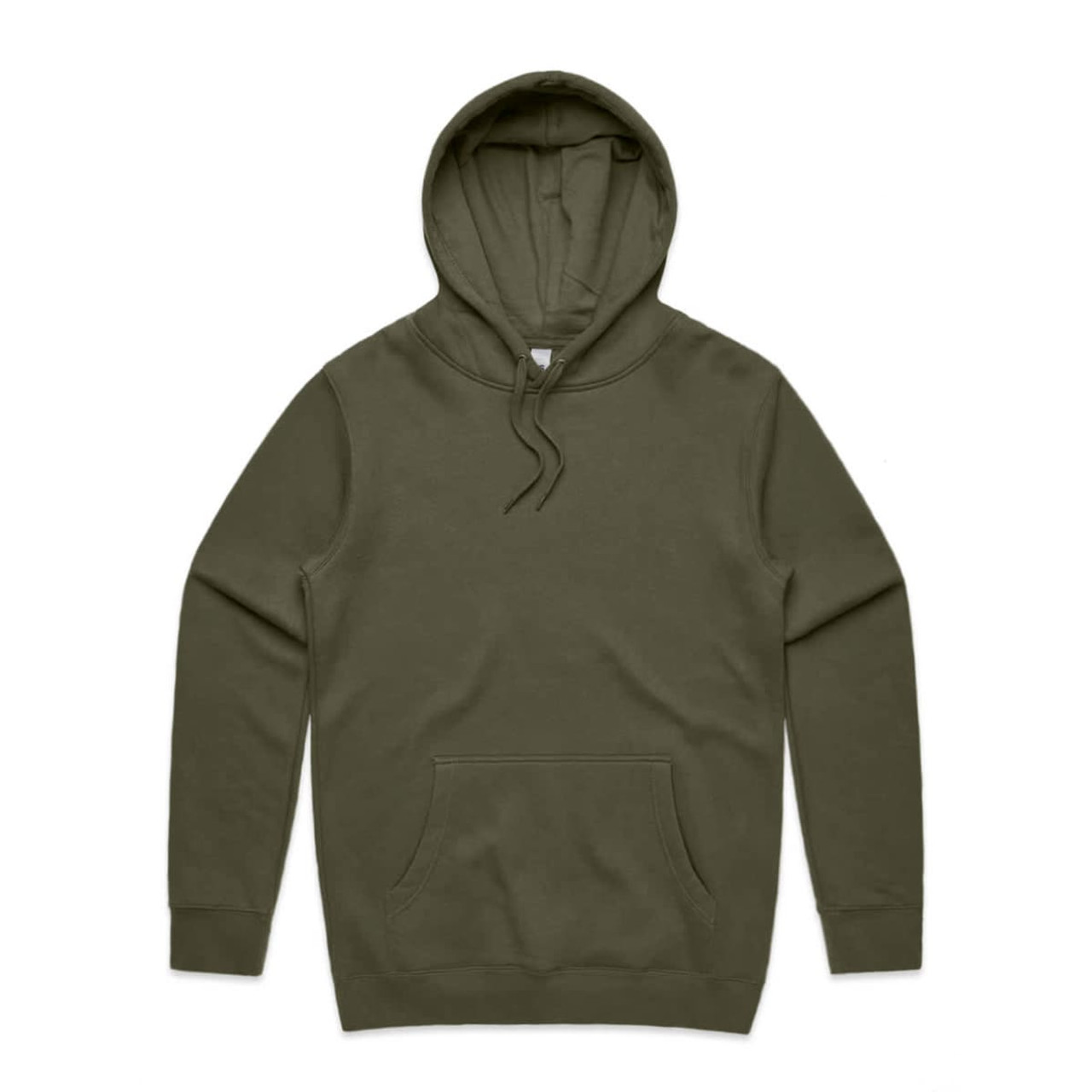 An olive green hoodie with a front pocket and a drawstring hood, featuring a logo.