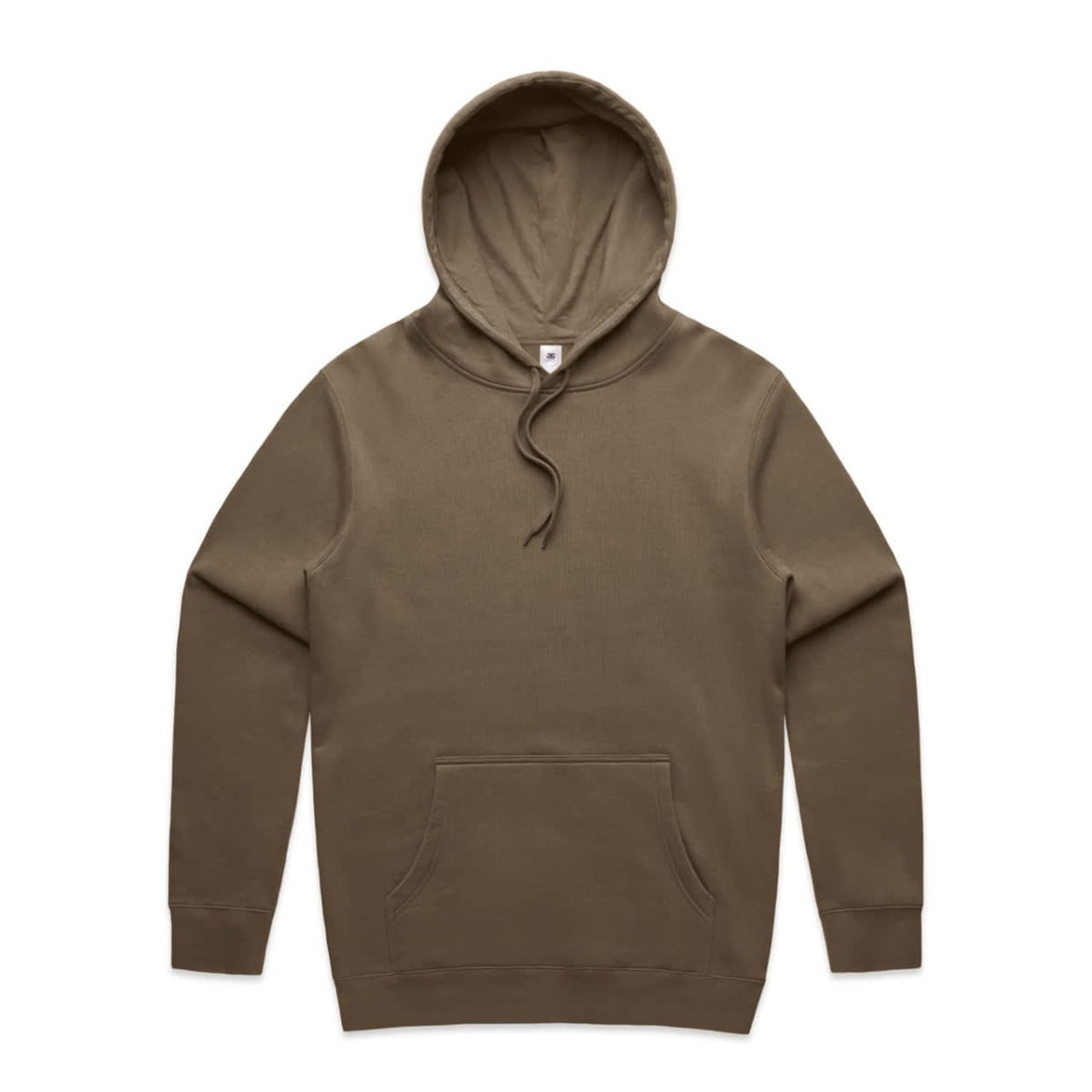 A brown hoodie featuring a front pocket and a drawstring hood. It has a branding logo.