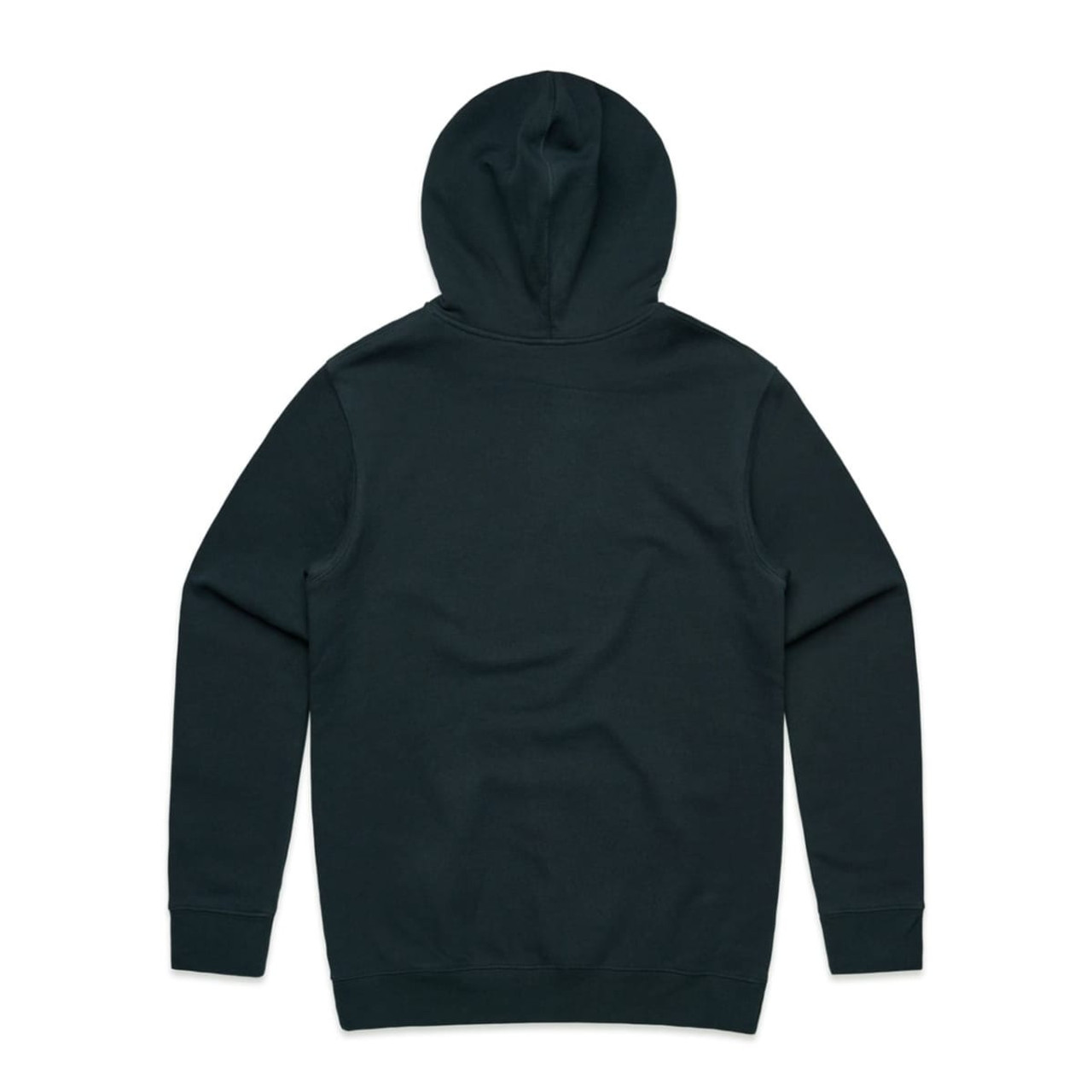 A dark green hoodie with a hood, featuring long sleeves and a simple design. It has a logo on the back.