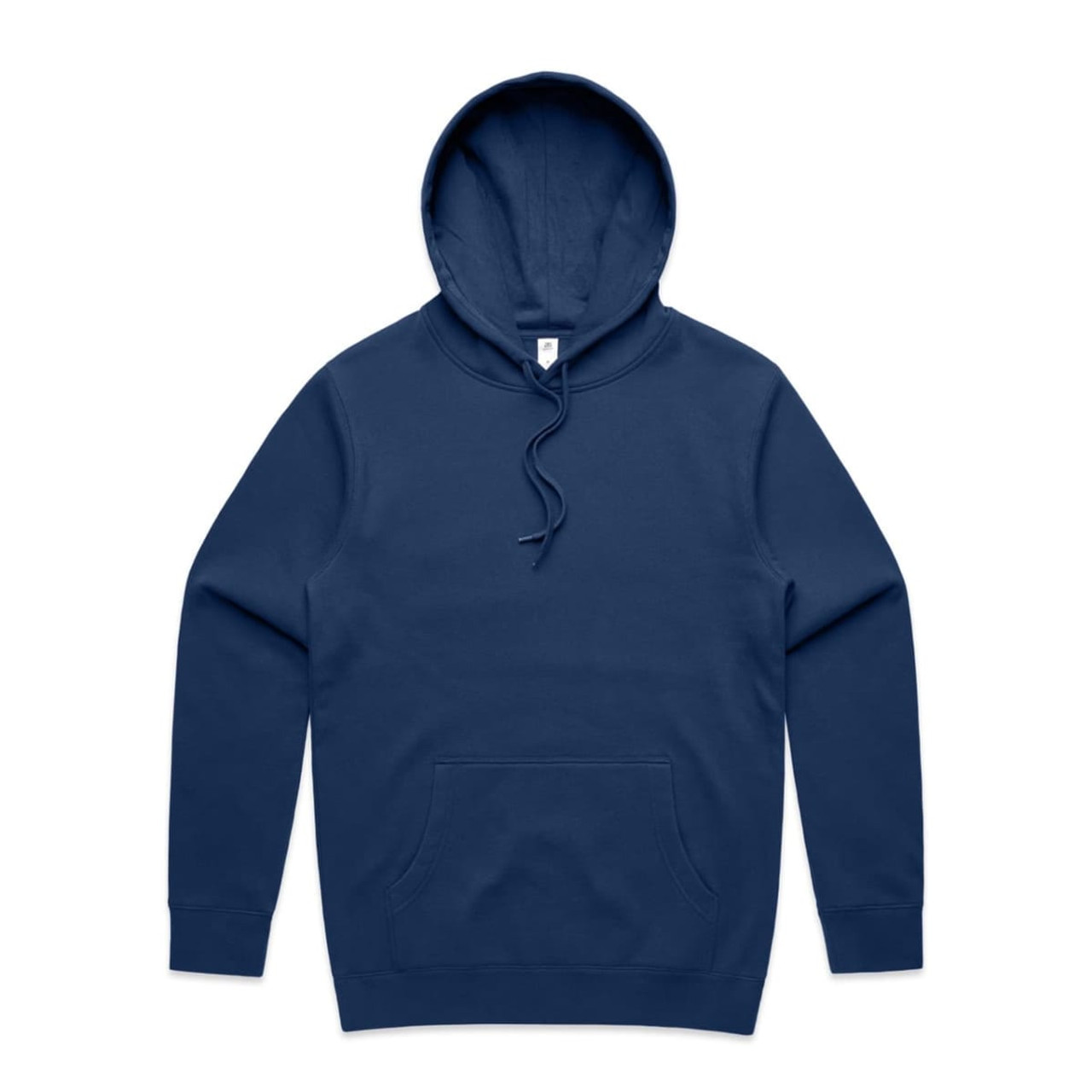 A navy blue hoodie with a front pocket and a hood, featuring a logo on the inside label.