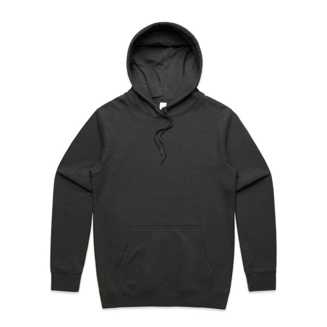 A black hoodie featuring a front pocket and a drawstring hood. It has a logo on the front.