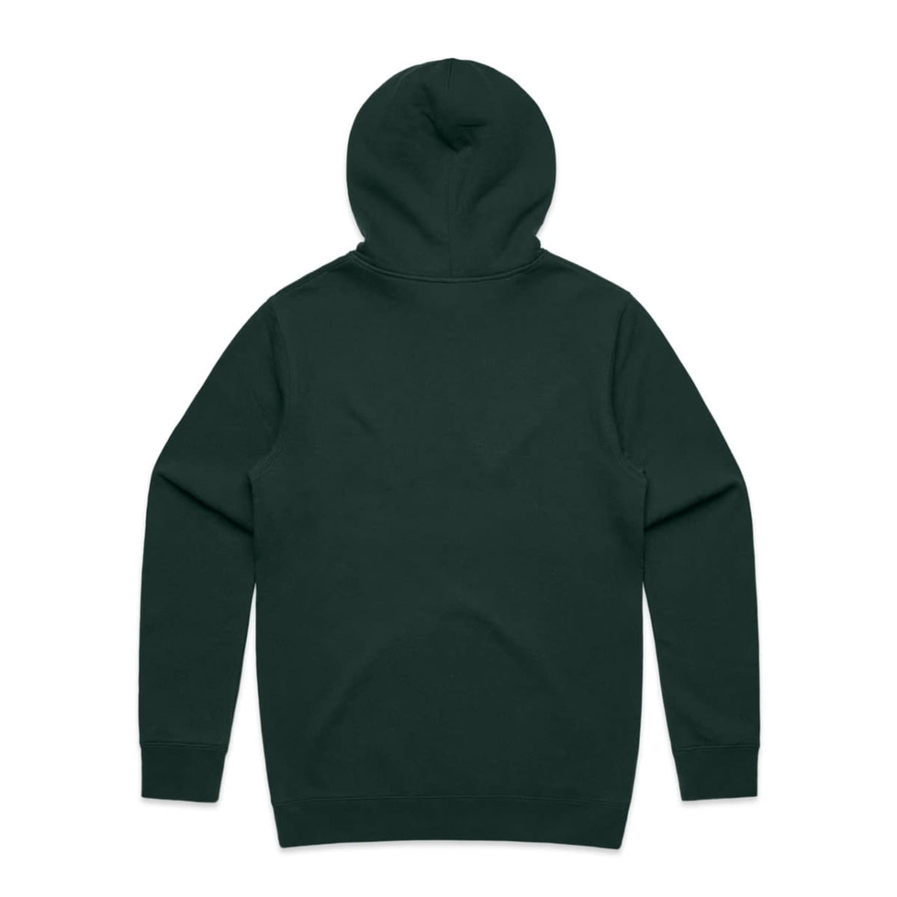 A dark green hoodie with a hood, featuring a plain back. It has a logo on it.