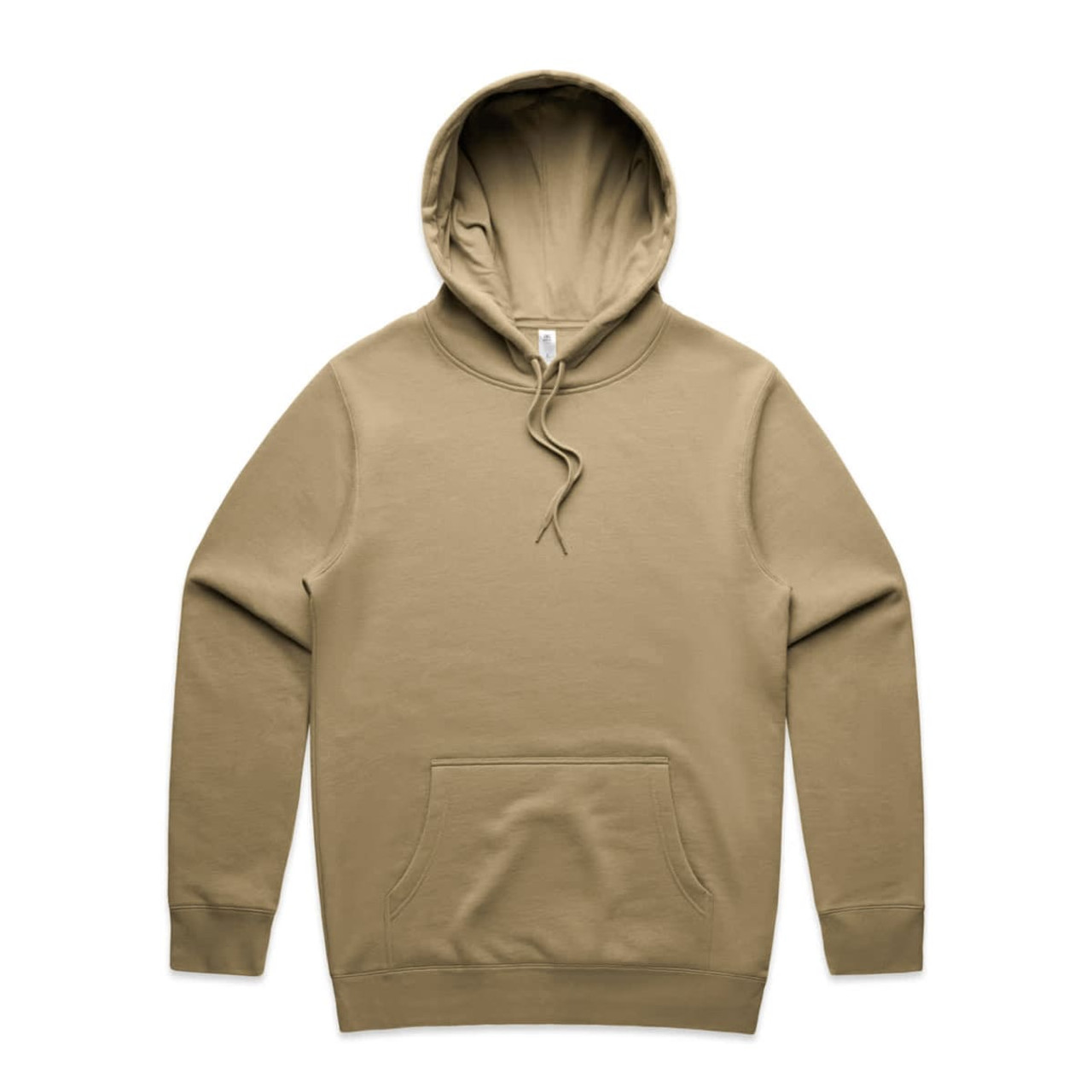 A tan hoodie featuring a kangaroo pocket and an adjustable drawstring hood, with a logo present.