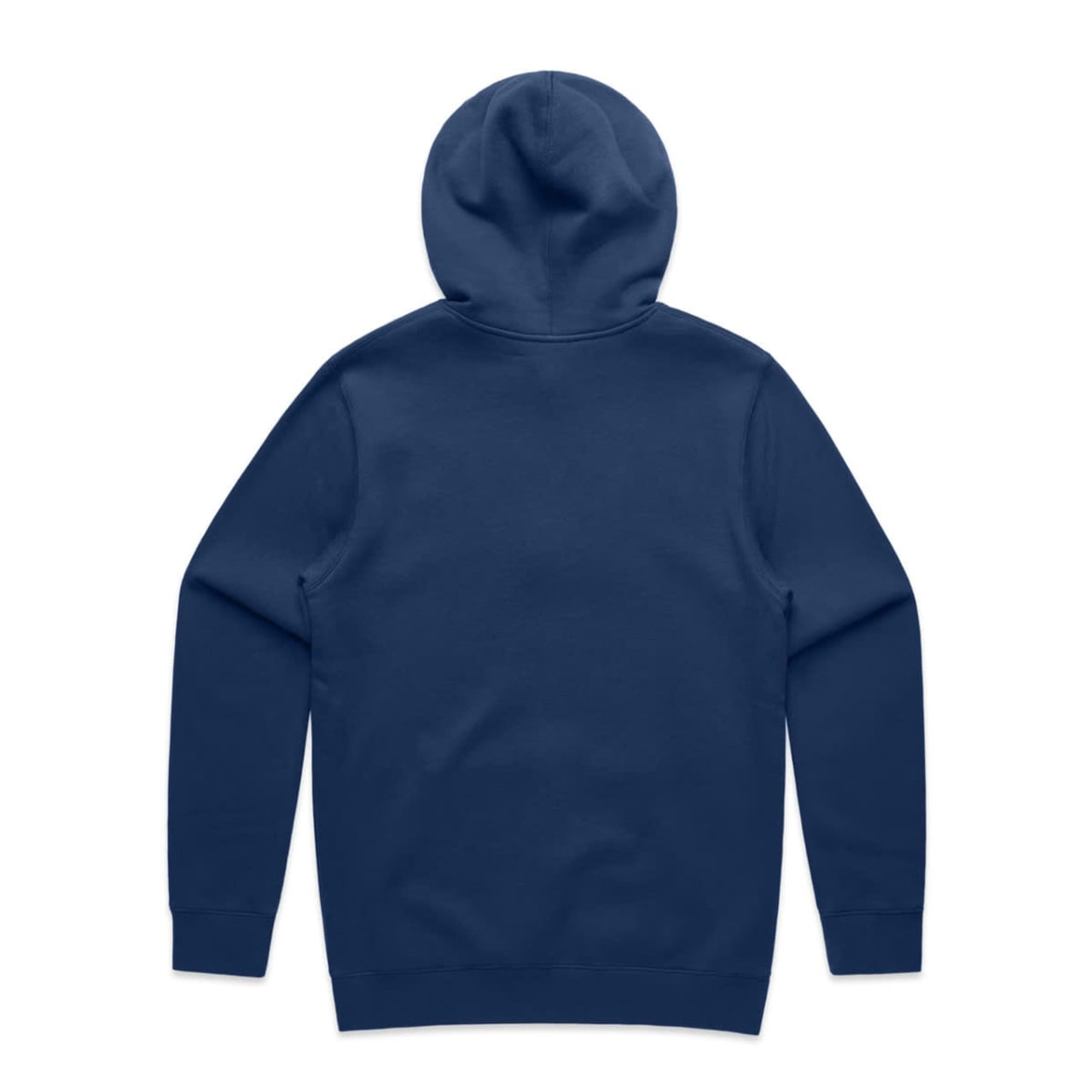 A navy blue hoodie featuring a back view and a hood. It has a simple, unembellished design and includes a branding logo.