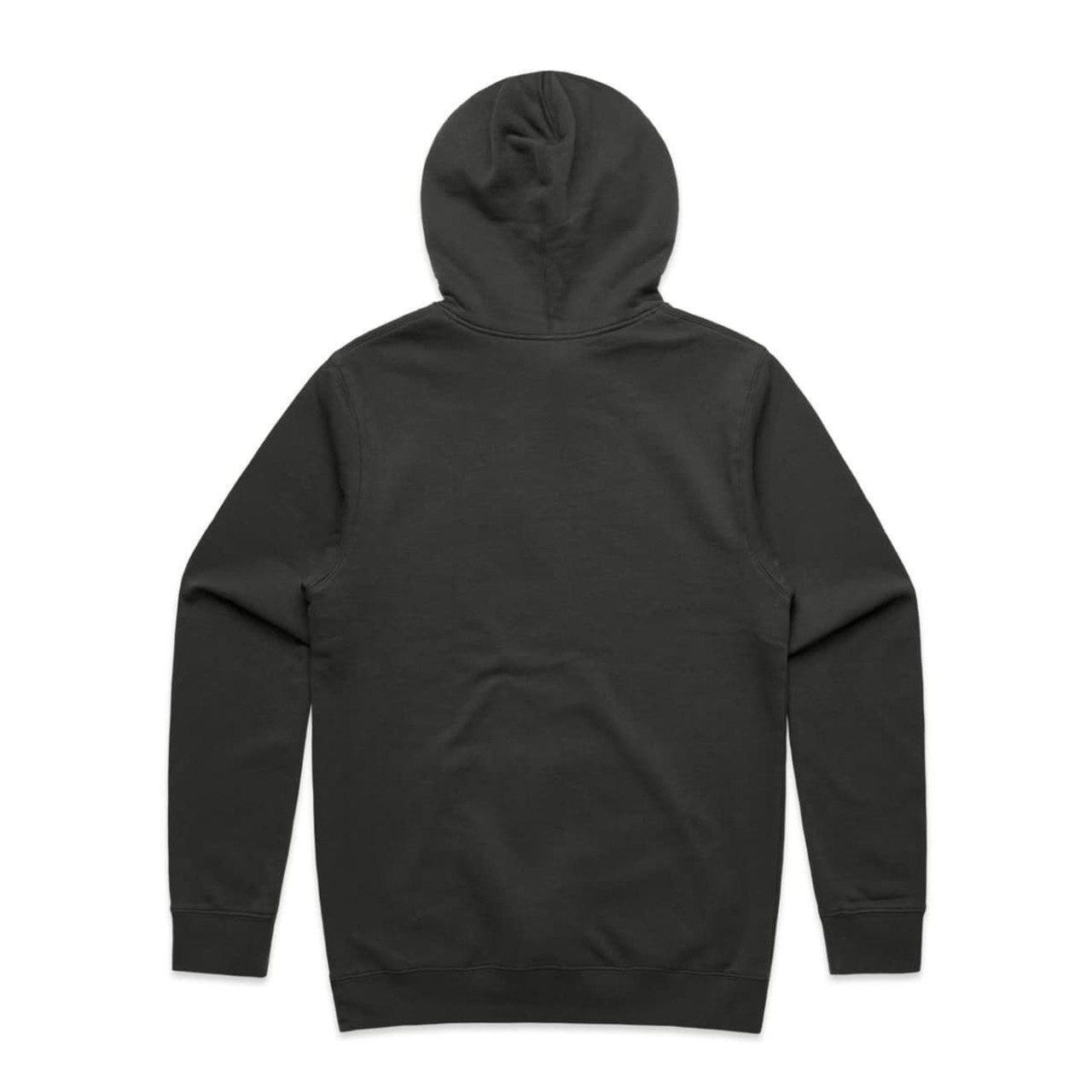 A dark grey hoodie featuring a hood and long sleeves, showcasing a plain back view.