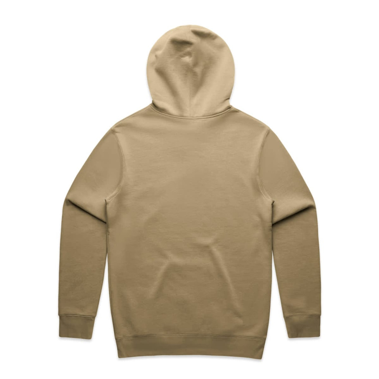 A tan hoodie featuring a hood and long sleeves, displayed from the back. It has a logo on the garment.