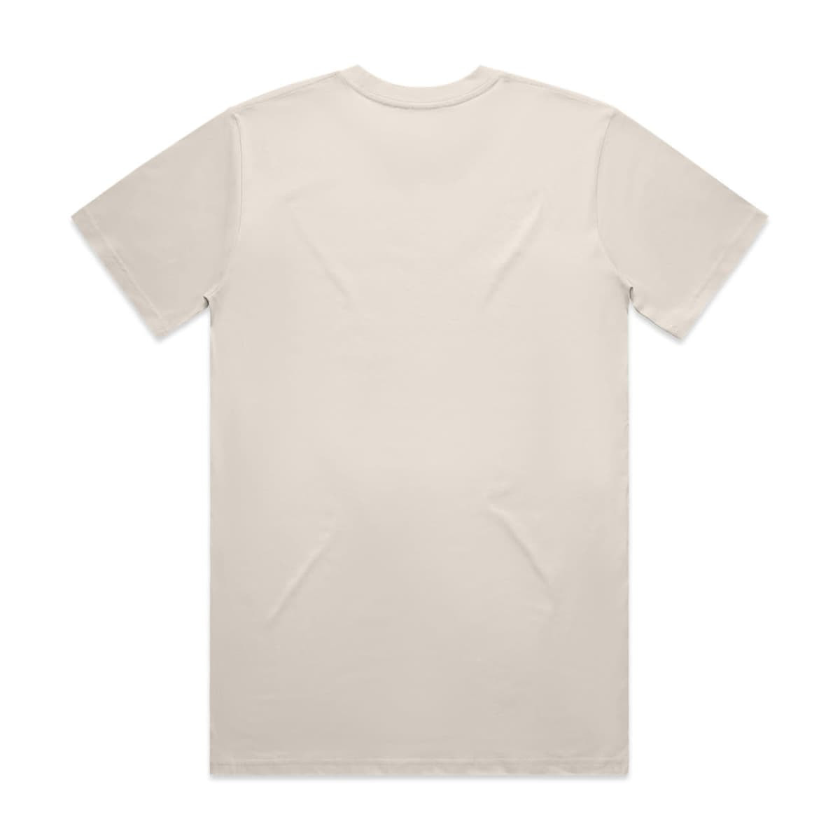 A cream-coloured classic T-shirt with a plain back and short sleeves. It includes a logo on the fabric.