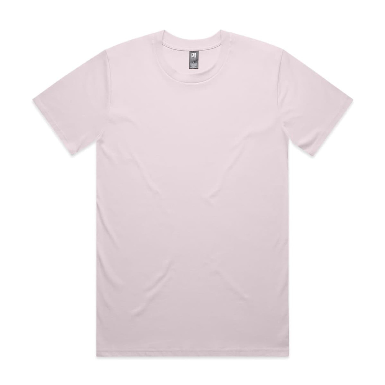 A plain light pink T-shirt with a round neckline and short sleeves, featuring a logo on the label.