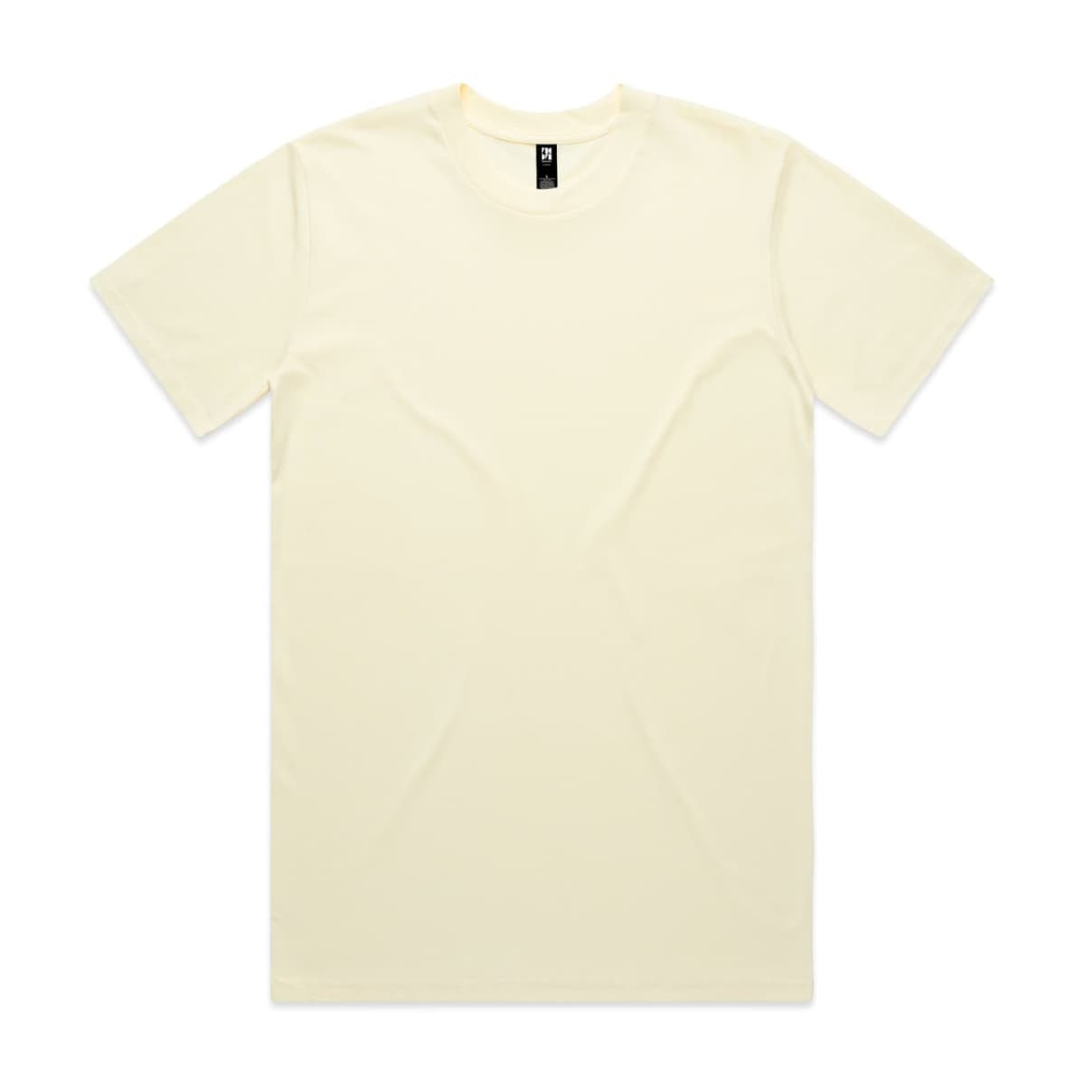 A plain yellow t-shirt featuring a crew neckline and short sleeves, with a logo at the neckline.