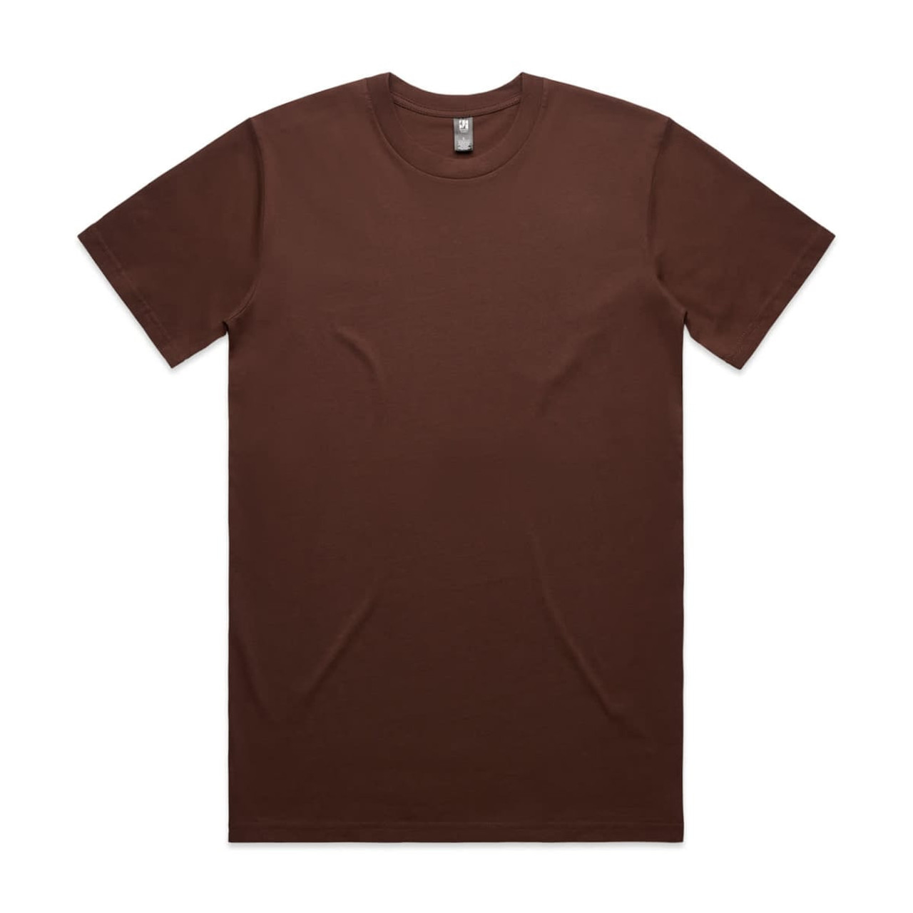 A brown classic tee shirt with a crew neckline and short sleeves, featuring a logo on the label.