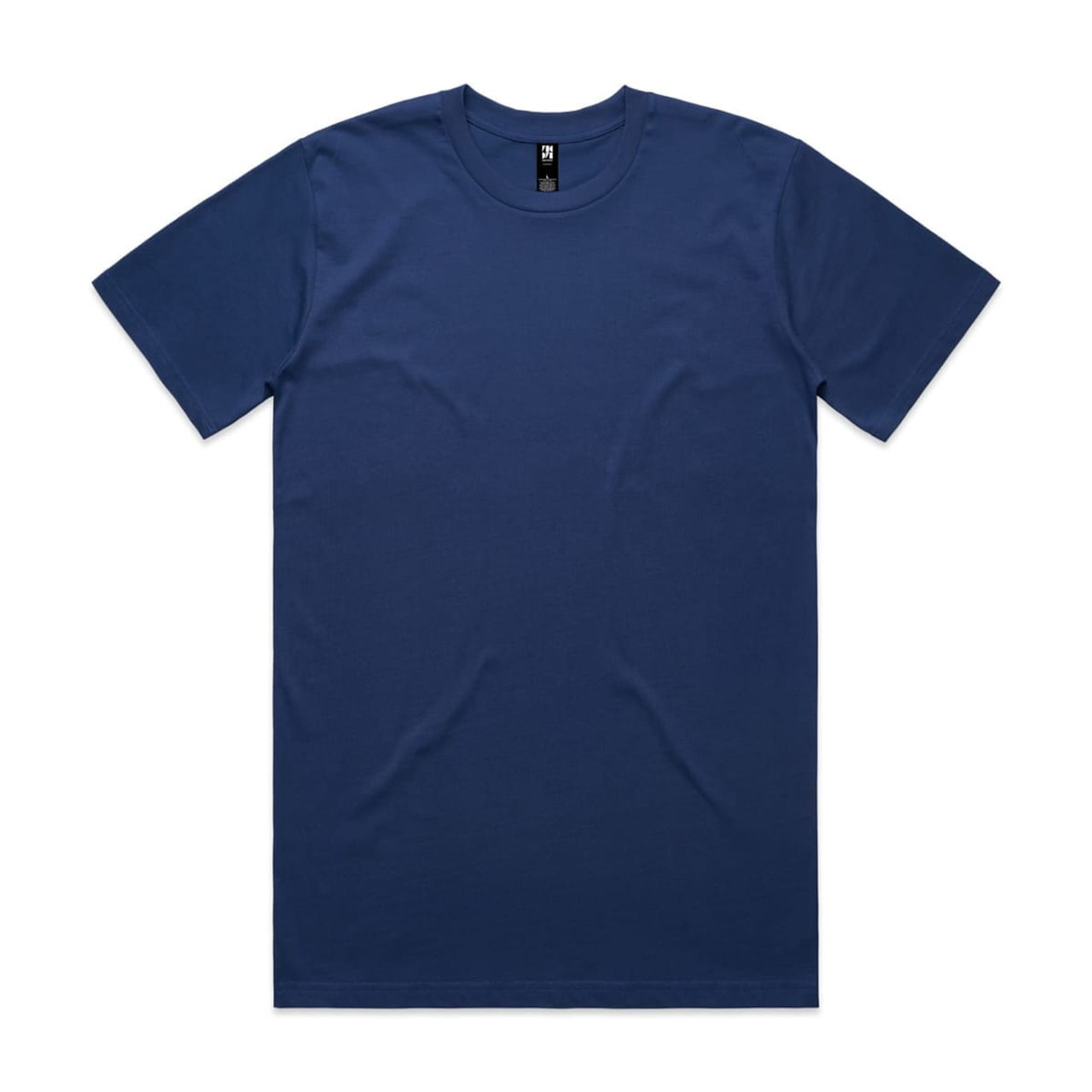 A navy blue classic T-shirt with a round neckline and short sleeves, featuring a logo.
