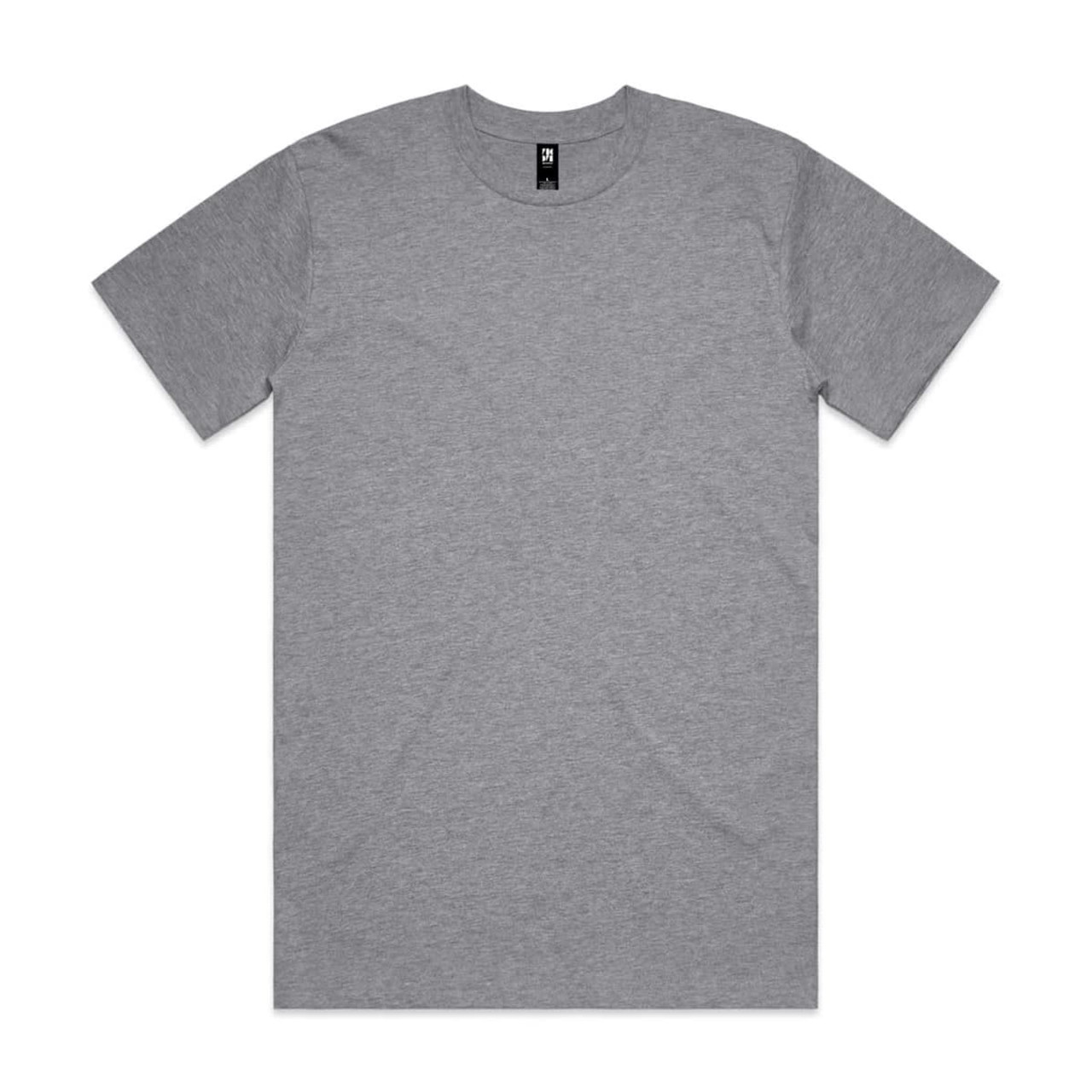 A grey classic T-shirt with short sleeves and a round neck, featuring a logo at the neckline.