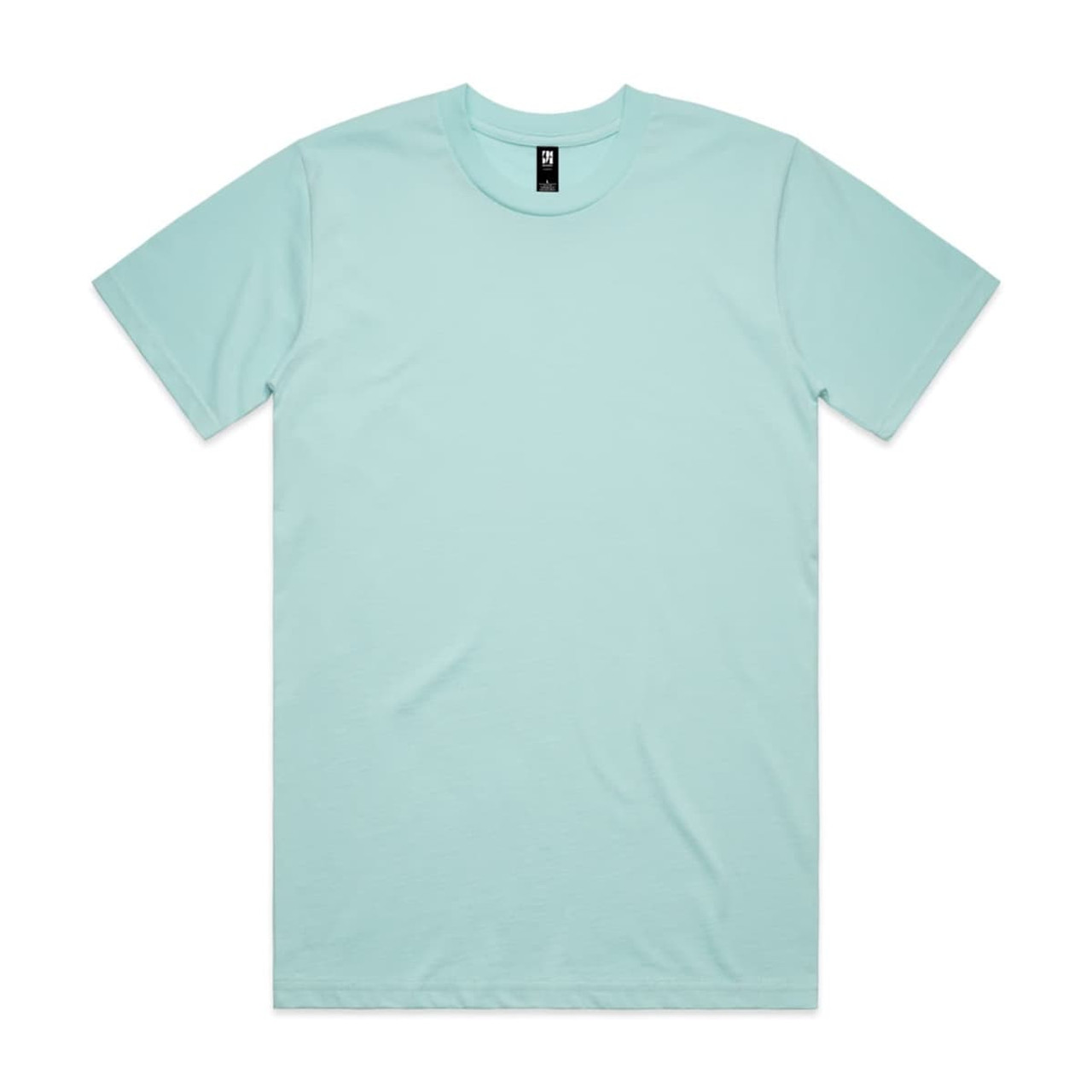 A mint green classic t-shirt featuring a crew neckline and short sleeves, with a logo on the tag.