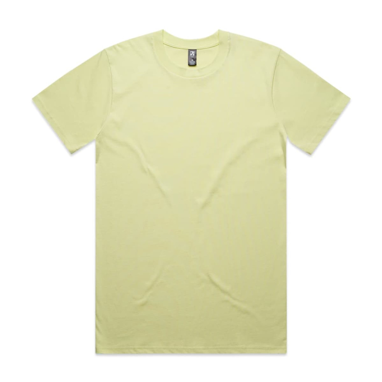 A plain light yellow t-shirt with a crew neckline and short sleeves. It features a label and has no visible designs.