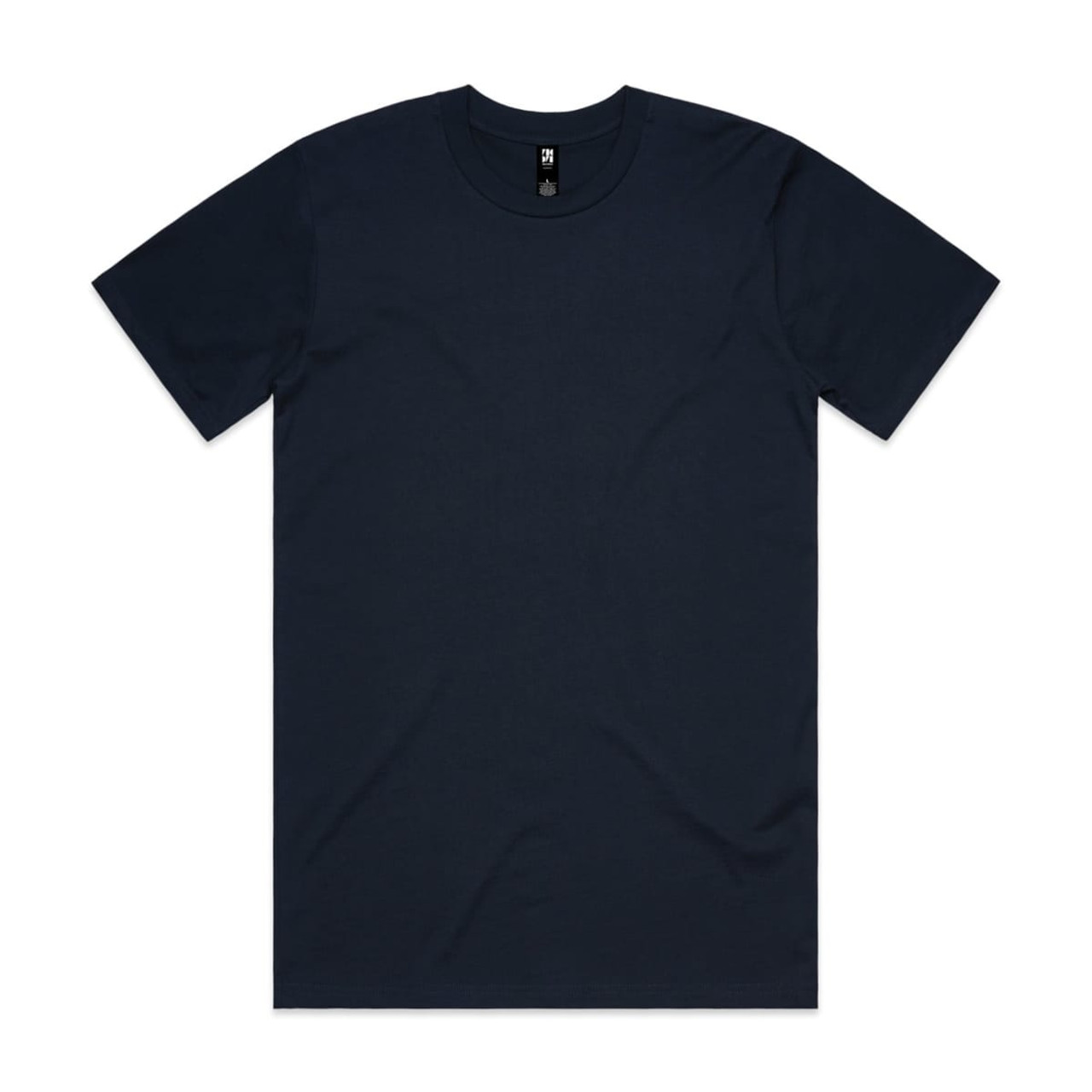 A navy classic tee featuring a round neck and short sleeves. It has a logo on the label.