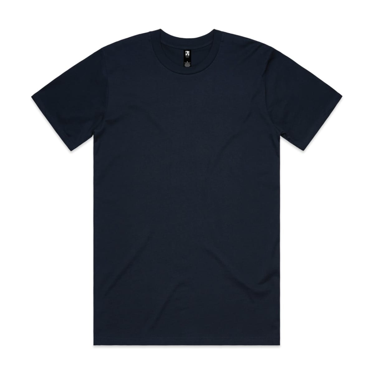 A navy classic tee featuring a round neck and short sleeves. It has a logo on the label.