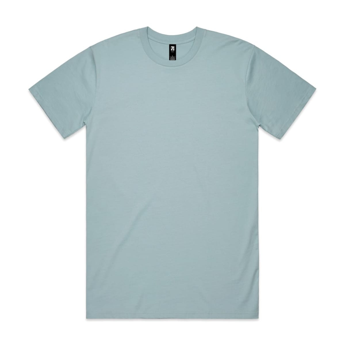 A light blue classic T-shirt with short sleeves and a round neckline. It features a logo on the inside label.