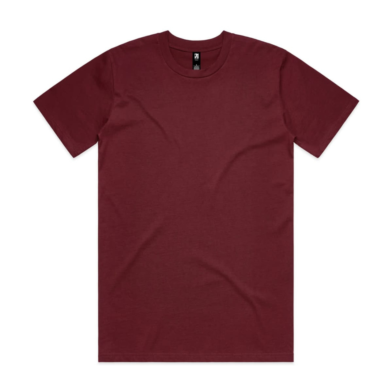 A burgundy classic tee featuring a crew neckline and short sleeves, with a logo at the neck.