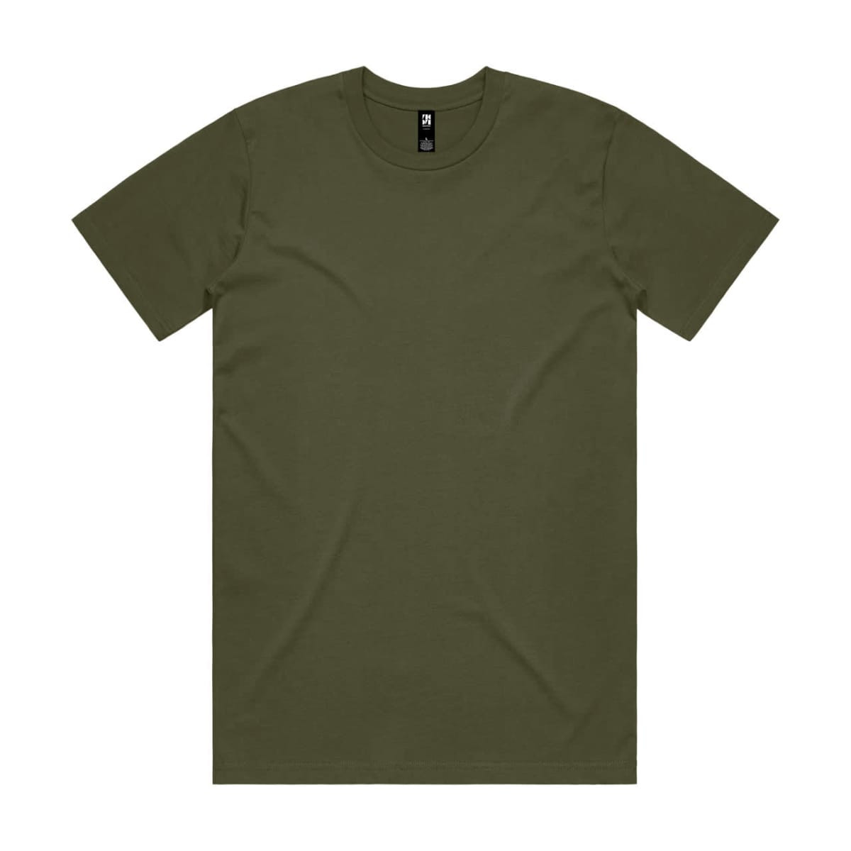 An olive green classic tee made from soft fabric, featuring a round neckline and short sleeves. It includes a logo.