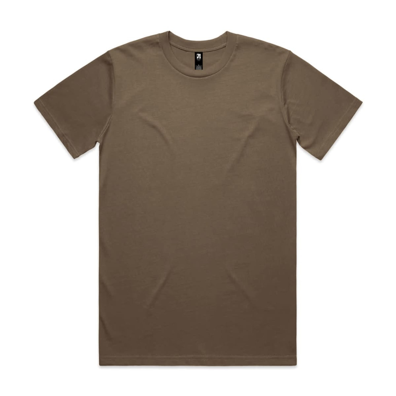 A brown Classic Tee, short-sleeved, featuring a label and a plain design. Ideal for casual wear.