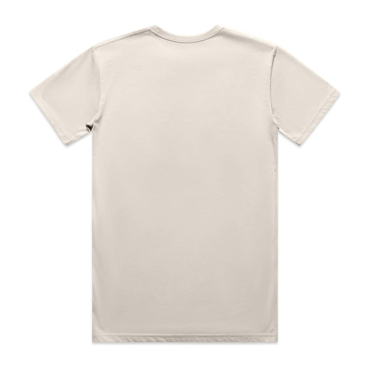 A light beige t-shirt featuring a simple design and a logo on the side.