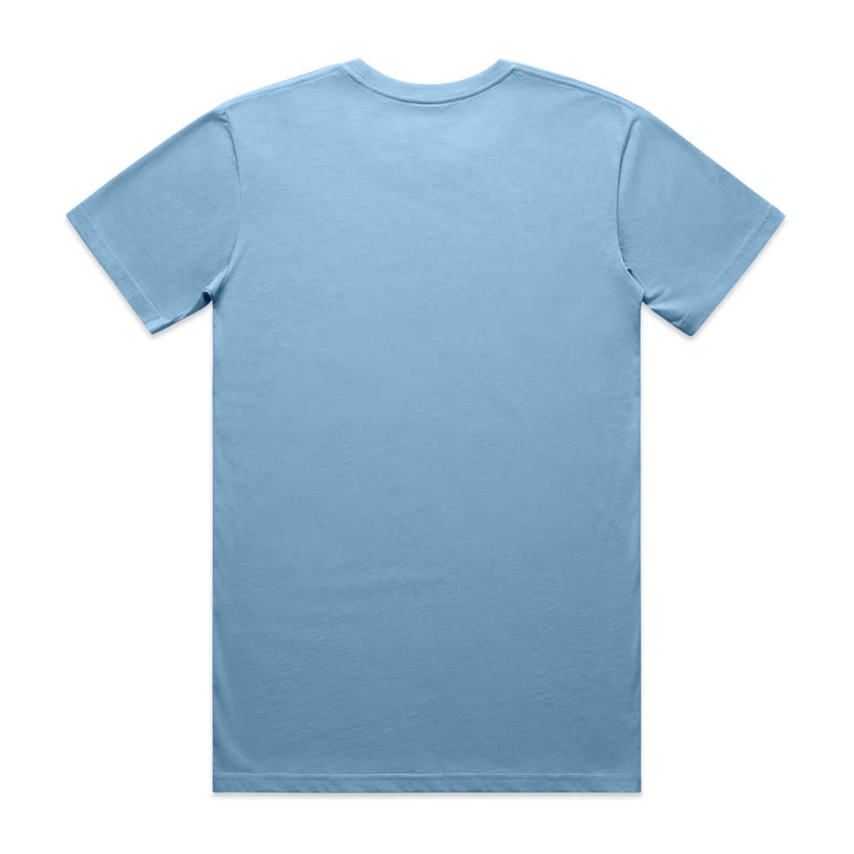 A light blue basic t-shirt featuring a logo on the back, displayed flat against a white background.