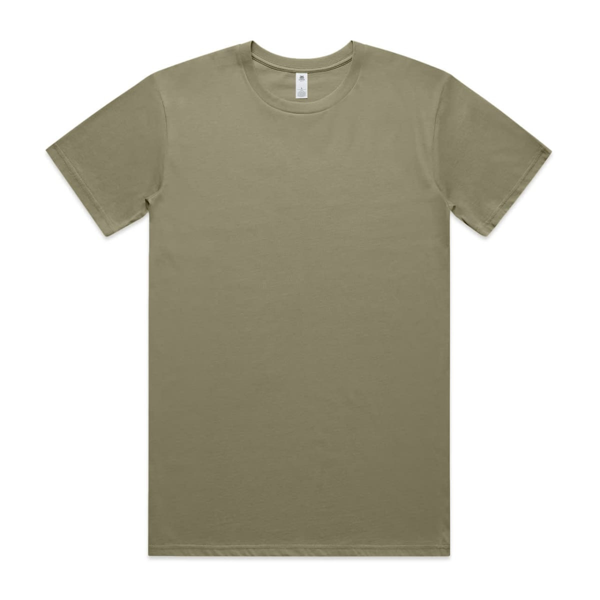 A plain olive green T-shirt with short sleeves and a crew neckline, featuring a label and no visible branding.