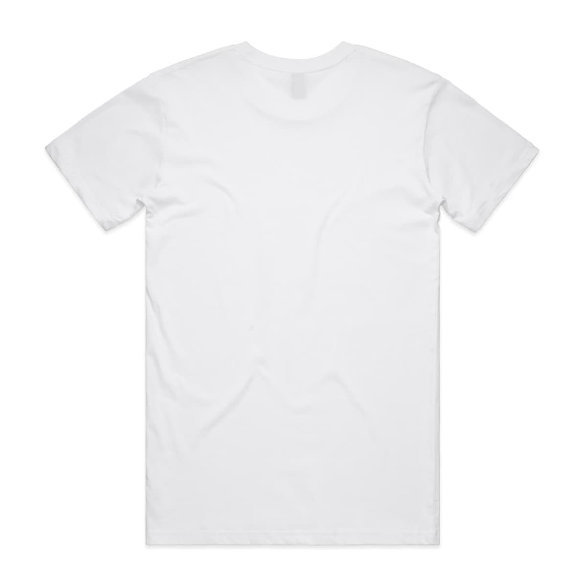 A plain white T-shirt with a round neckline and short sleeves, featuring a logo on the back.