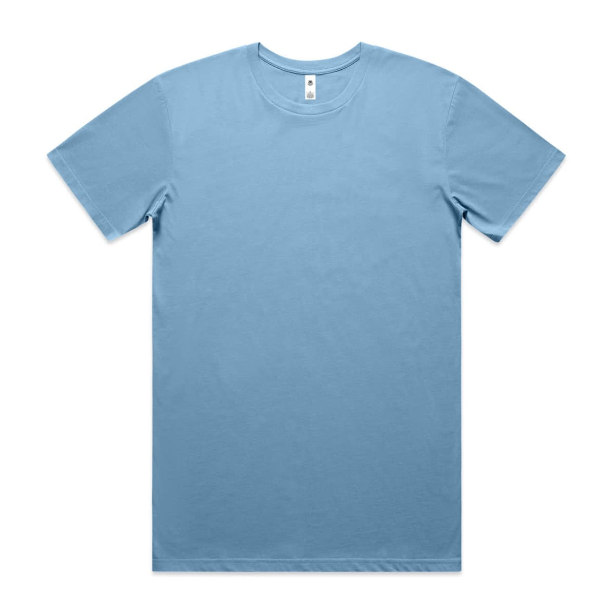A light blue basic t-shirt with short sleeves, featuring a neck tag and a logo.