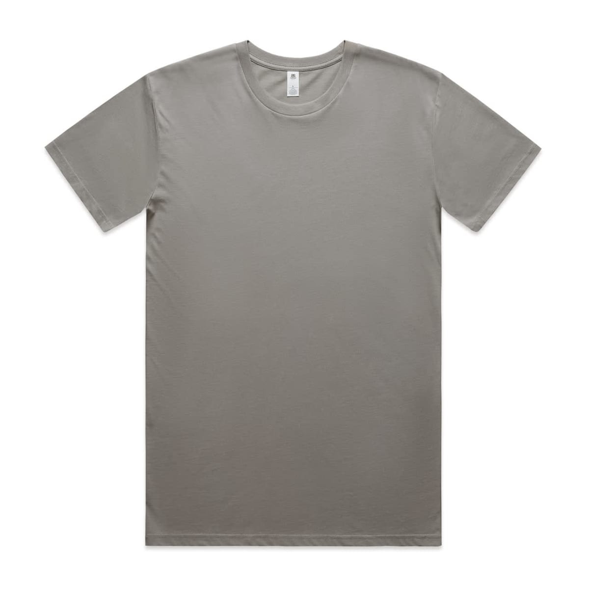A plain olive green T-shirt with a round neckline and short sleeves, displaying a label and a branding logo.