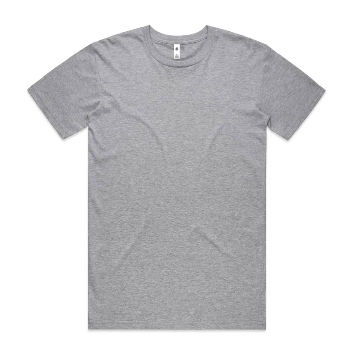 A grey basic t-shirt with a round neckline and short sleeves, featuring a logo near the collar.