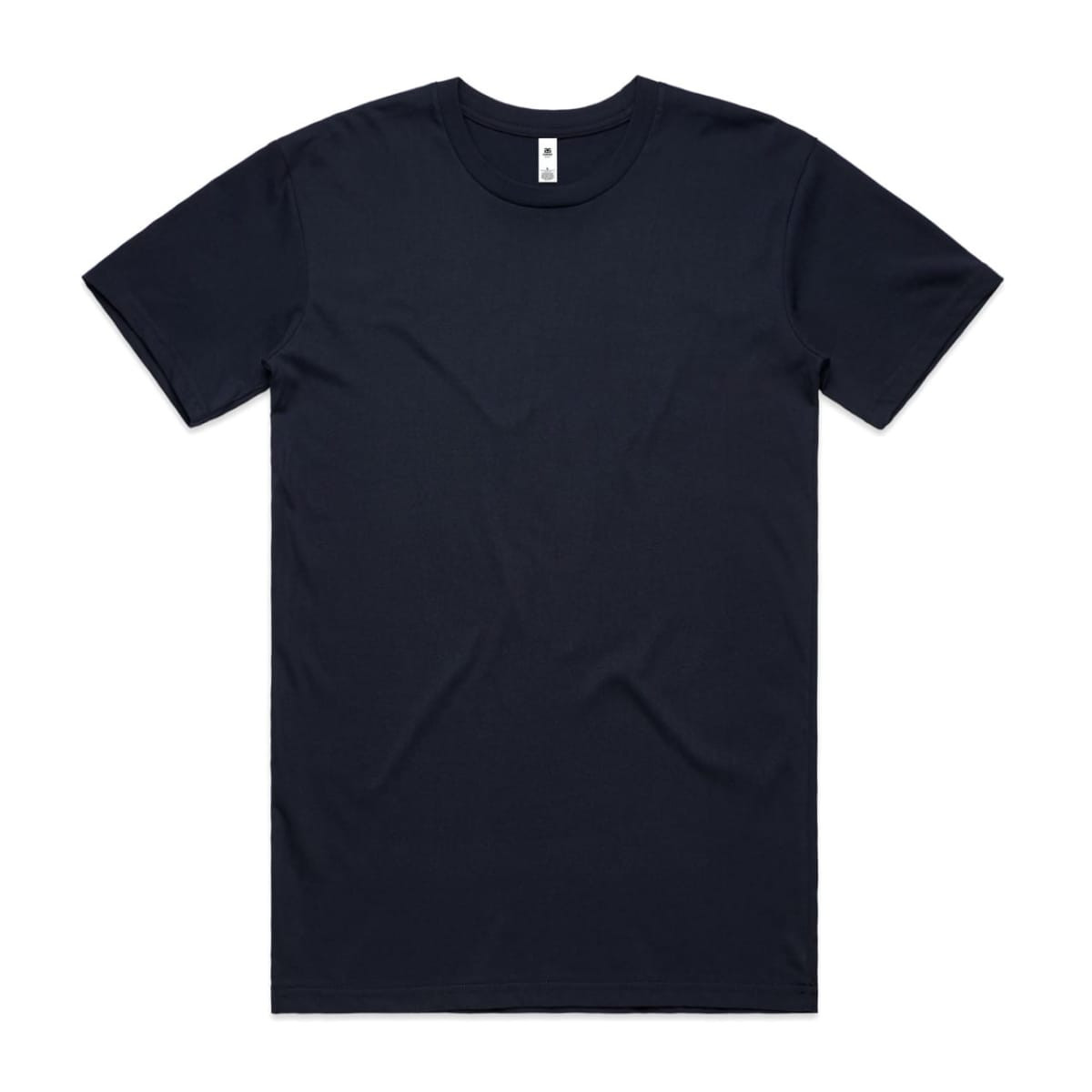A navy basic t-shirt featuring a crew neck design and a tag in the neckline. The shirt has a plain appearance.