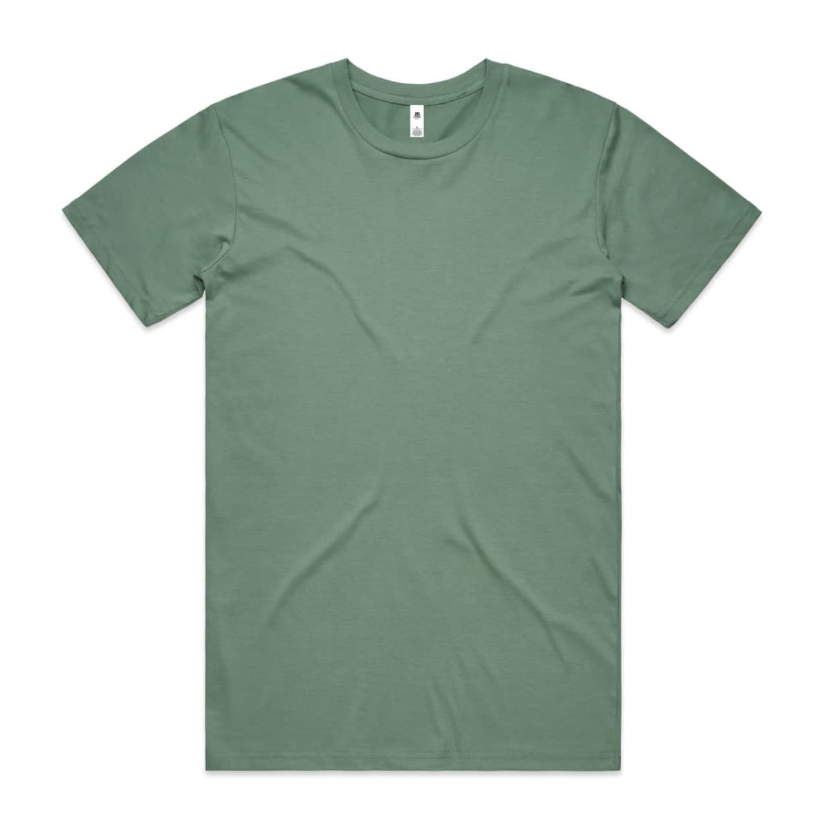 A basic tee in a soft sage green colour, featuring a simple design and a small logo at the neckline.