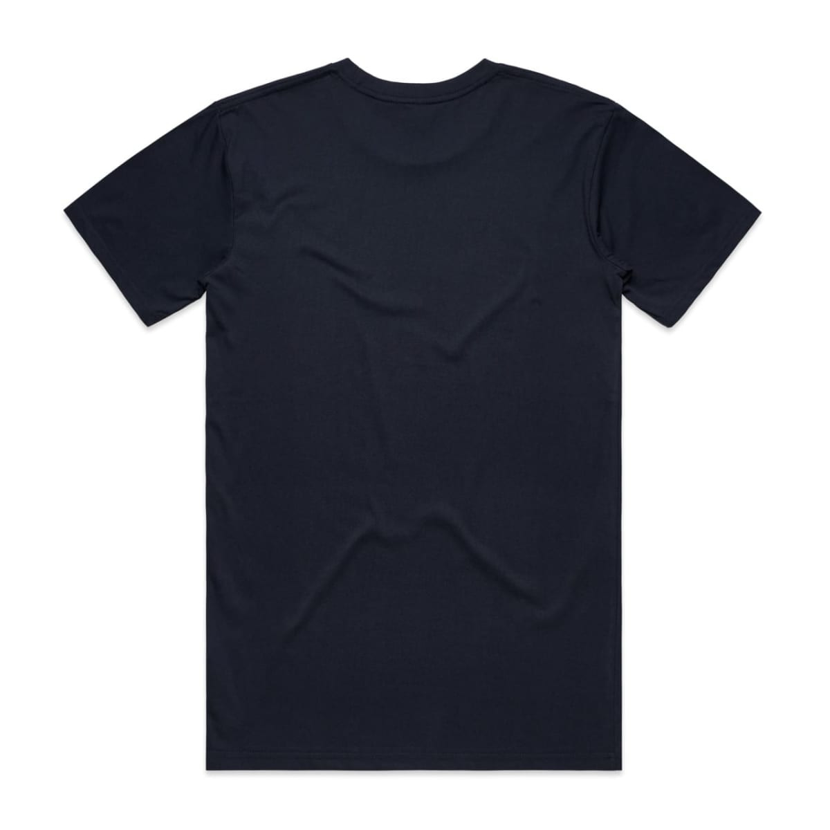 A navy blue T-shirt with a plain back, featuring a logo on the collar.