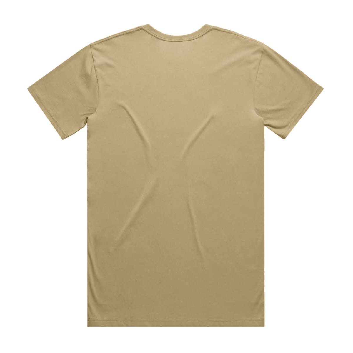 A plain beige T-shirt with a back view, featuring a smooth fabric texture. The shirt has a logo on a tag.