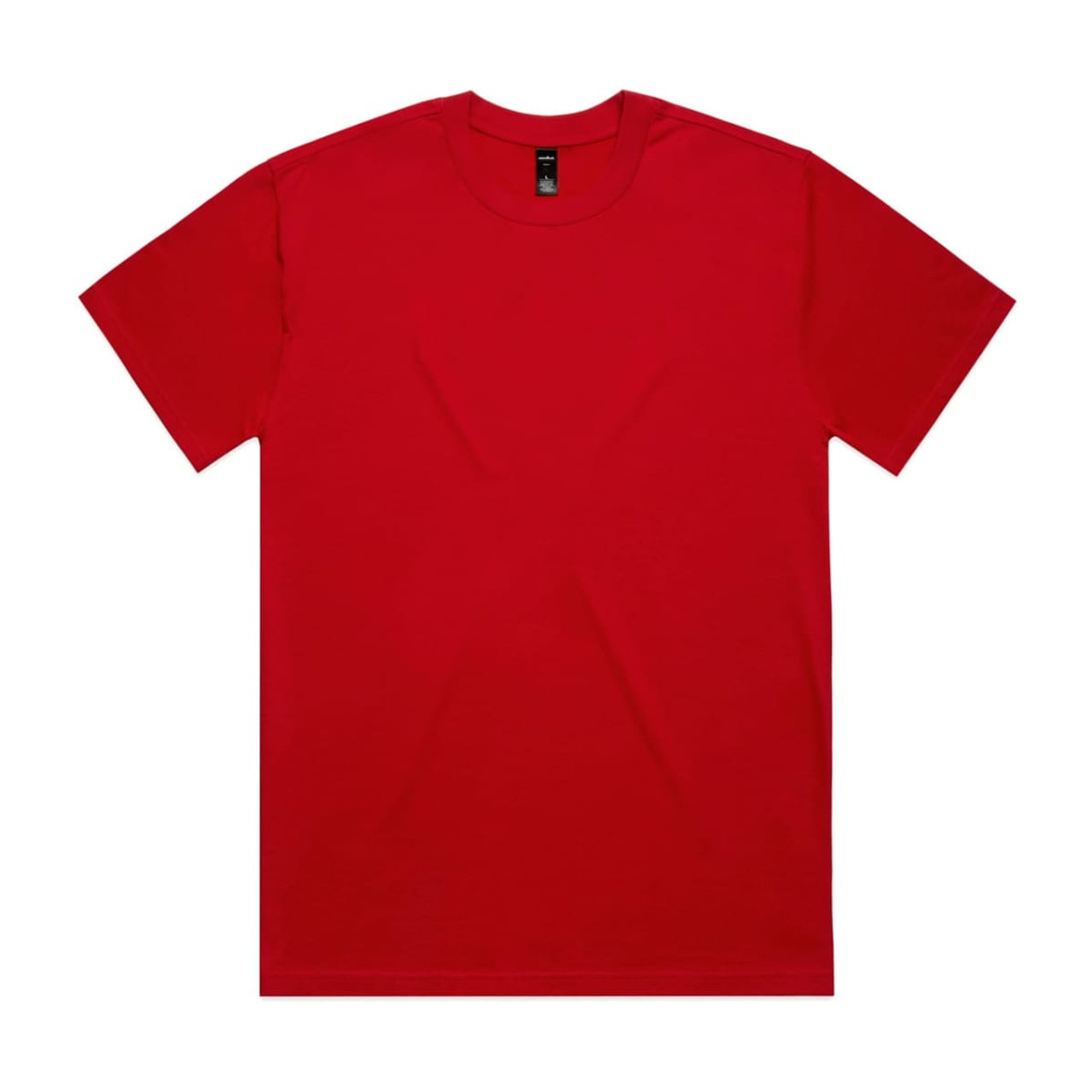 A red heavy tee with a round neckline and short sleeves. It features a logo on the label.