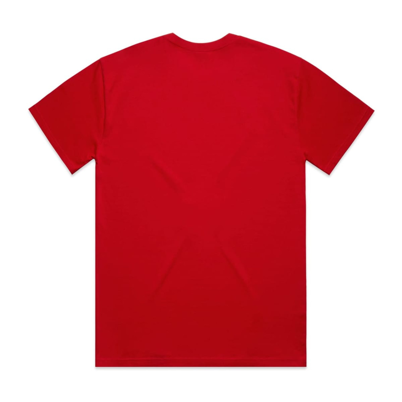 A red t-shirt with a plain back, featuring a branding logo on the neck area.