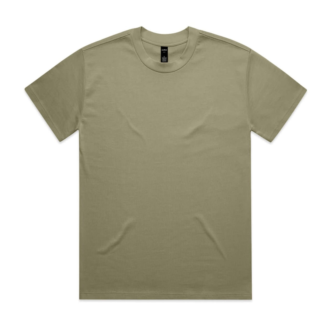 A khaki Heavy Tee featuring a crew neck and a plain design. It has a logo tag on the inside neck.