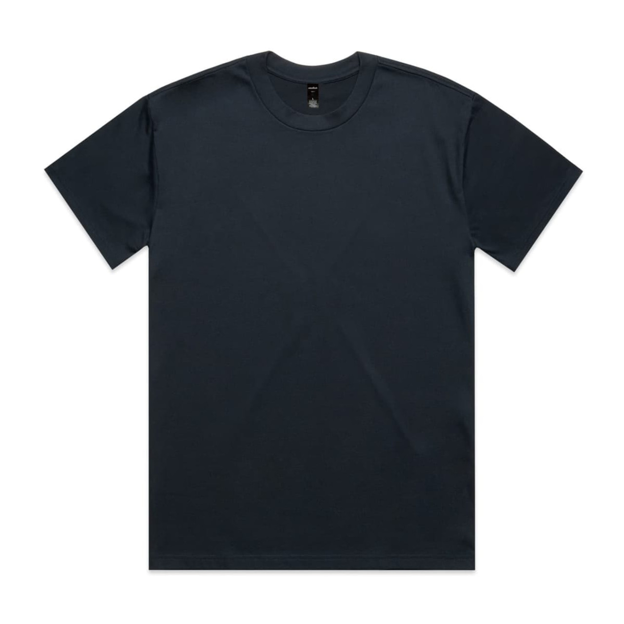 A dark-coloured heavy tee t-shirt with a classic crew neck design. It features a logo tag on the inside.