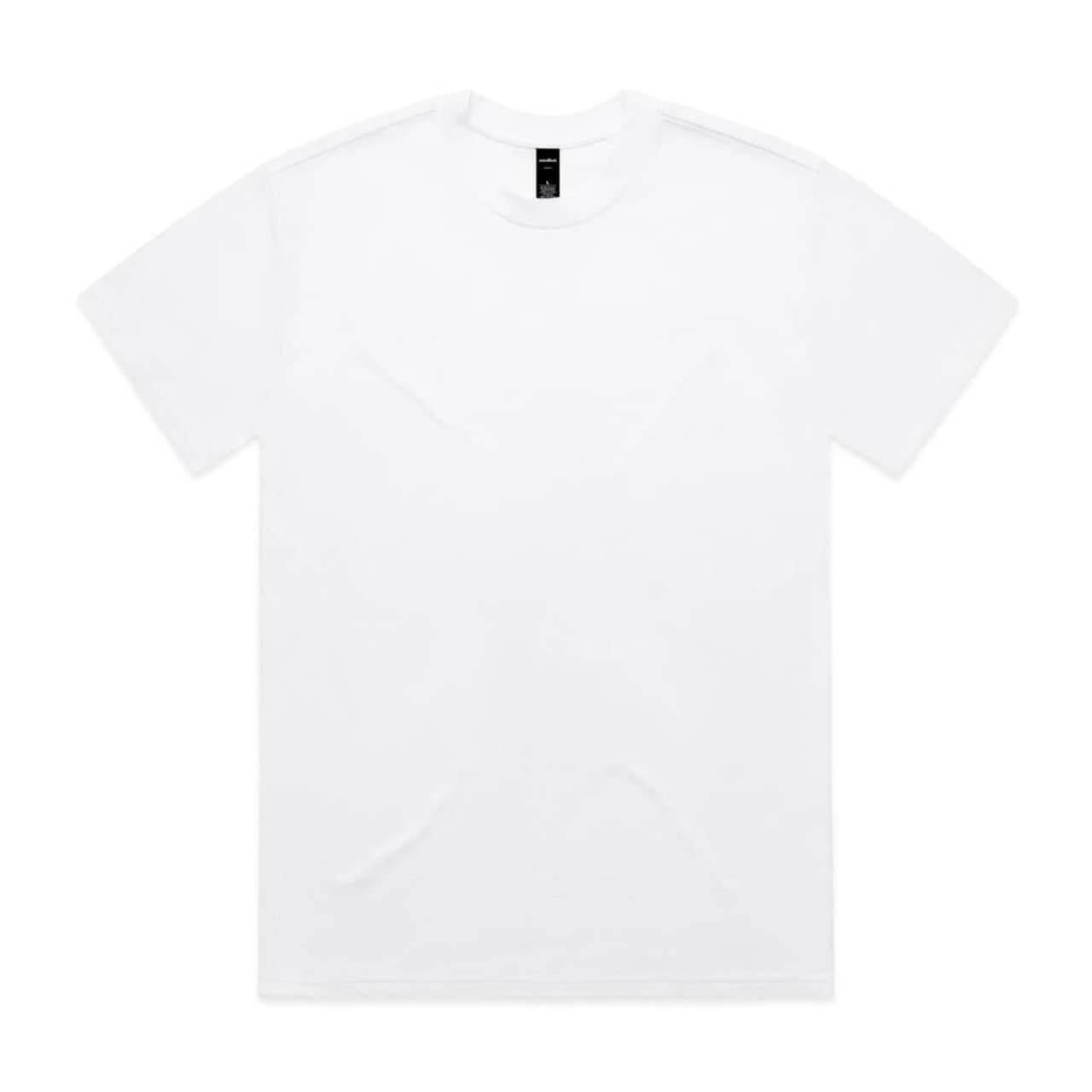 A plain white Heavy Tee t-shirt featuring a simple design and a logo on the label.