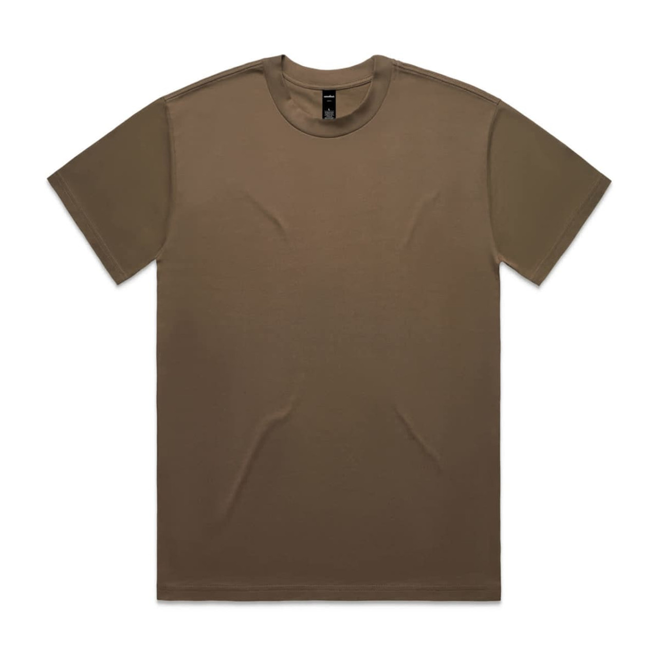 A plain olive green heavy tee with a crew neck and short sleeves. The shirt features a logo on the inside label.