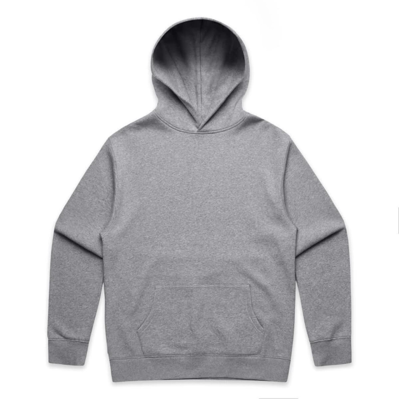 A grey hoodie featuring a front pocket and a drawstring hood. The back is plain and has a logo.