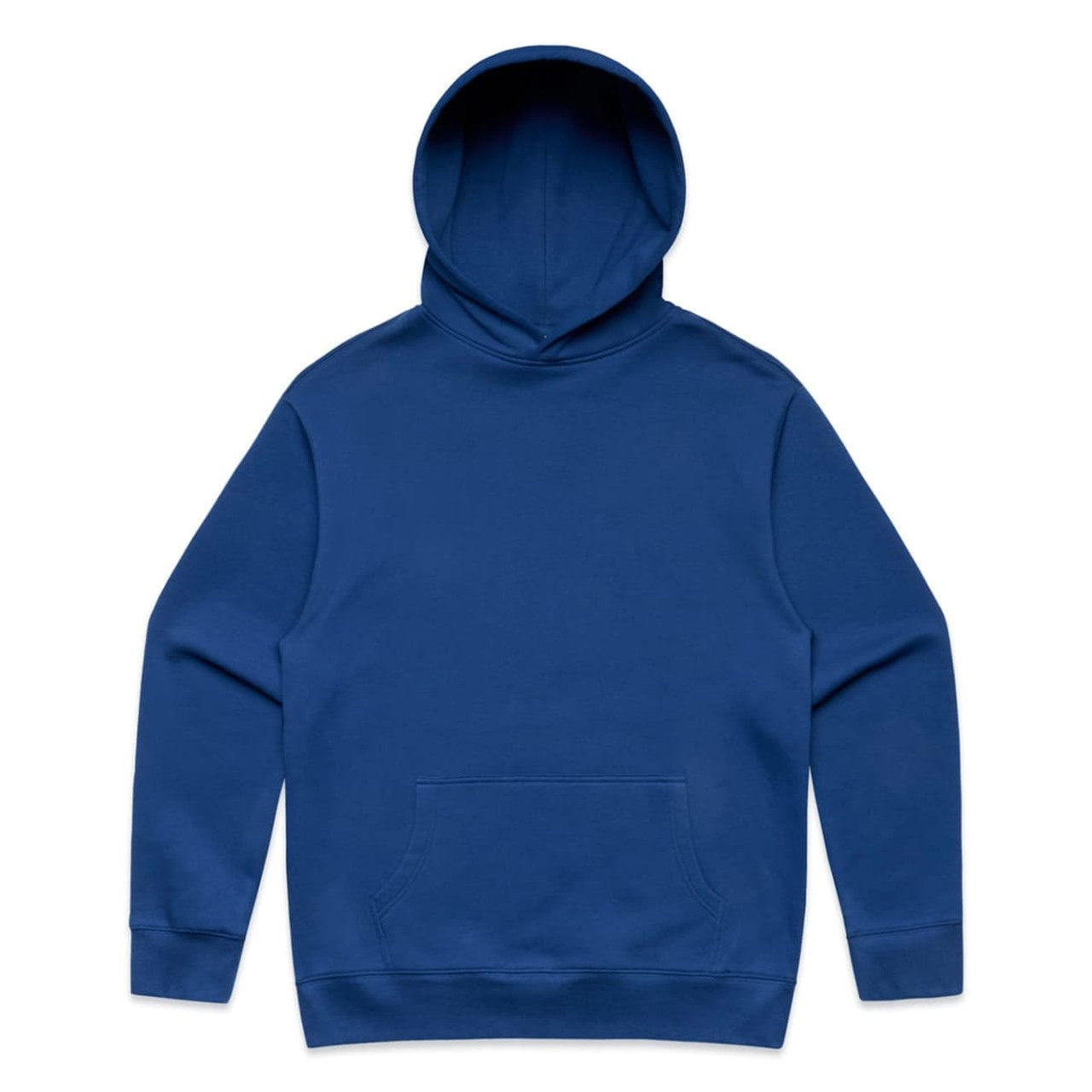 A blue hoodie featuring a front pocket and a classic hood design, with a logo on the chest.