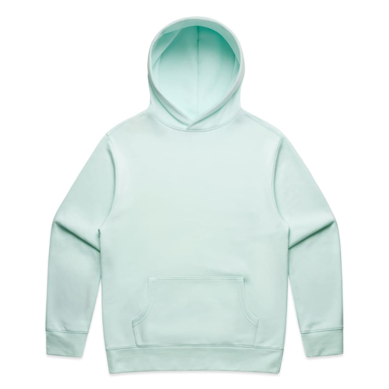 A mint green hoodie featuring a front pocket and a hood. The item has a simple design and includes branding.